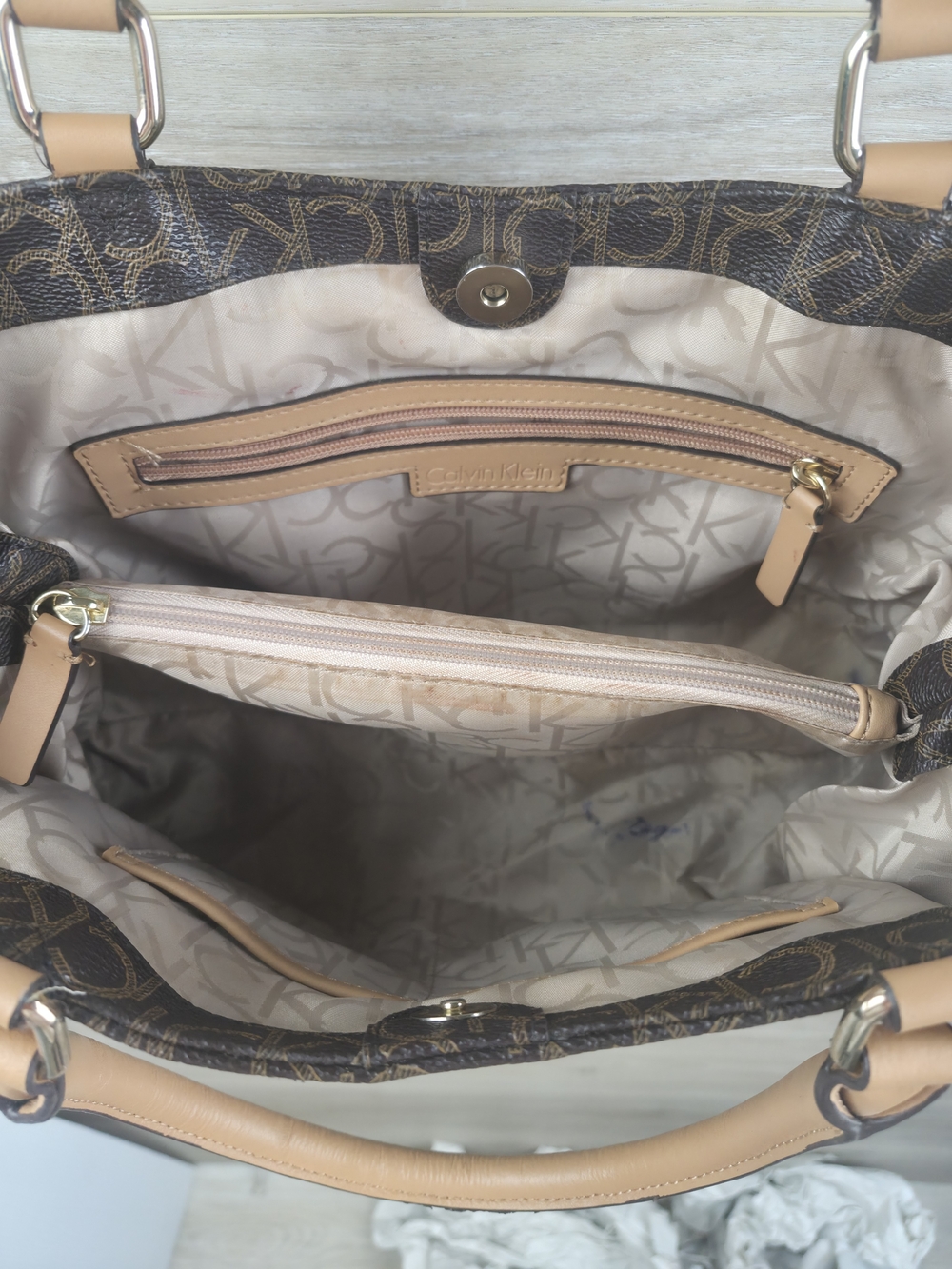 Calvin Klein Brown Monogram Satchel Tote Shoulder Bag - Picture 2 of 3